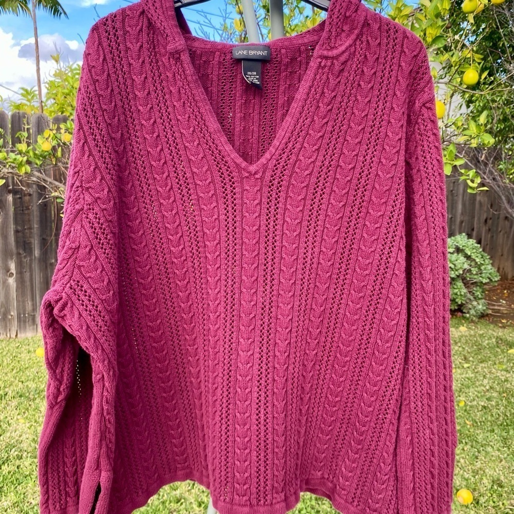 LANE BRYANT BURGUNDY CABLE KNIT HOODED SWEATER 100% COTTON Sz 26 28 EUC